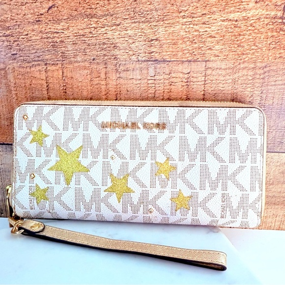 Micheal Kors Illustration Travel Continental Leather Printed Star Wallet Clutch - Picture 1 of 10